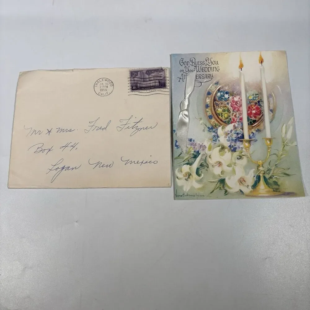 Vintage Rust Craft God Wedding Anniversary Greeting Card Ribbon Candles Envelope
